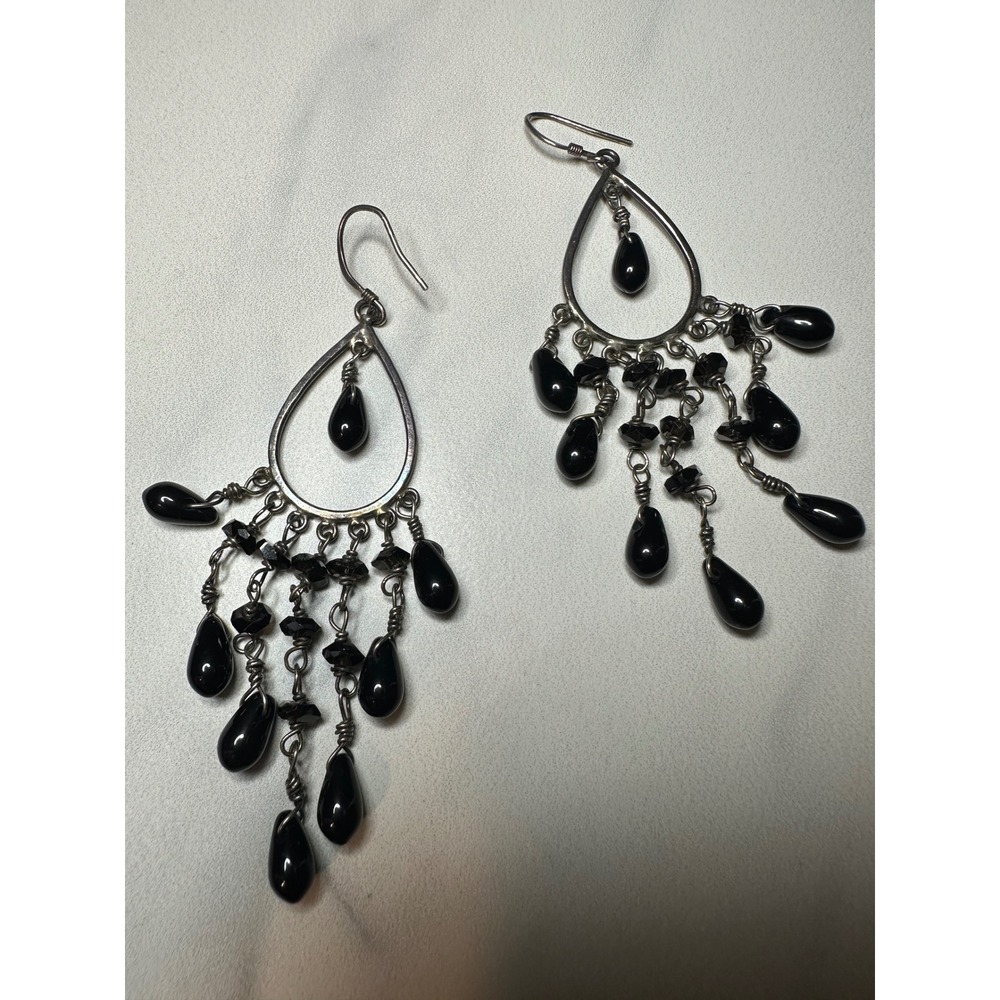 Sterling Silver Black Onyx Style Teardrop Chandelier Dangle Earrings